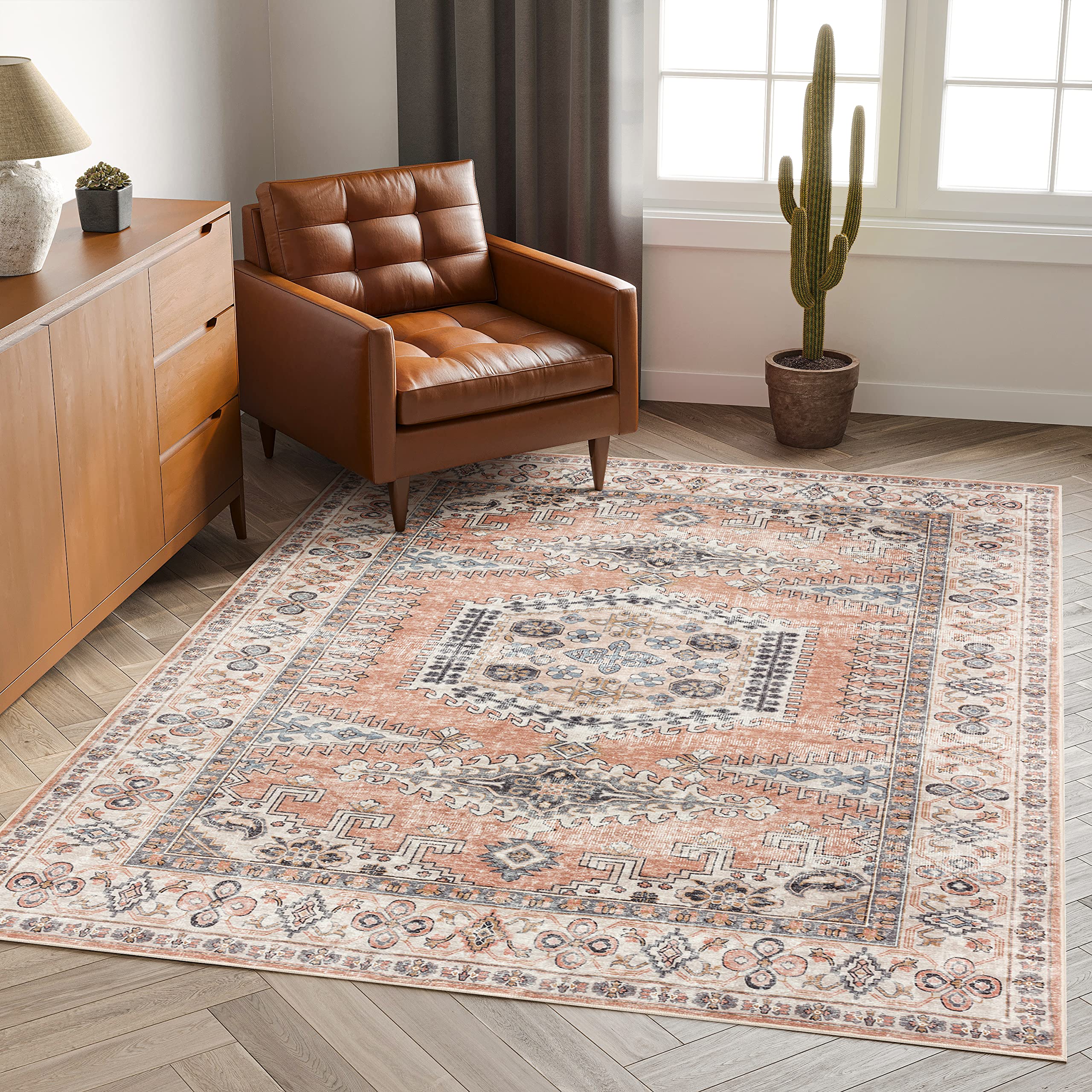 Valenrug Washable Rug 8x10 - Ultra-Thin Antique Collection Area Rug, Stain Resistant Rugs for Living Room Bedroom, Distressed Vintage Rug(Peach/Yellowish, 8'x10')