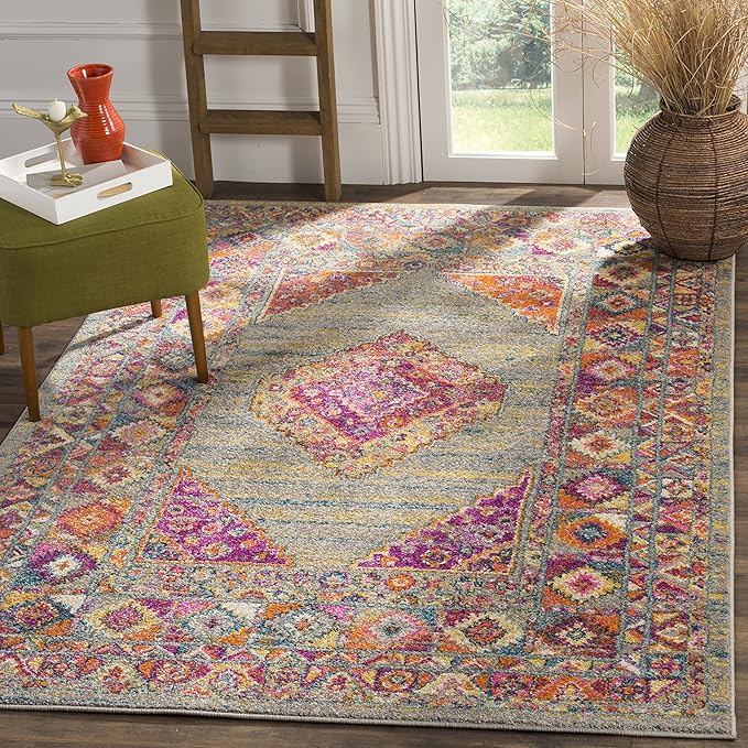 Madison Collection 8' Square Orange/Fuchsia MAD133D Boho Chic Medallion Non