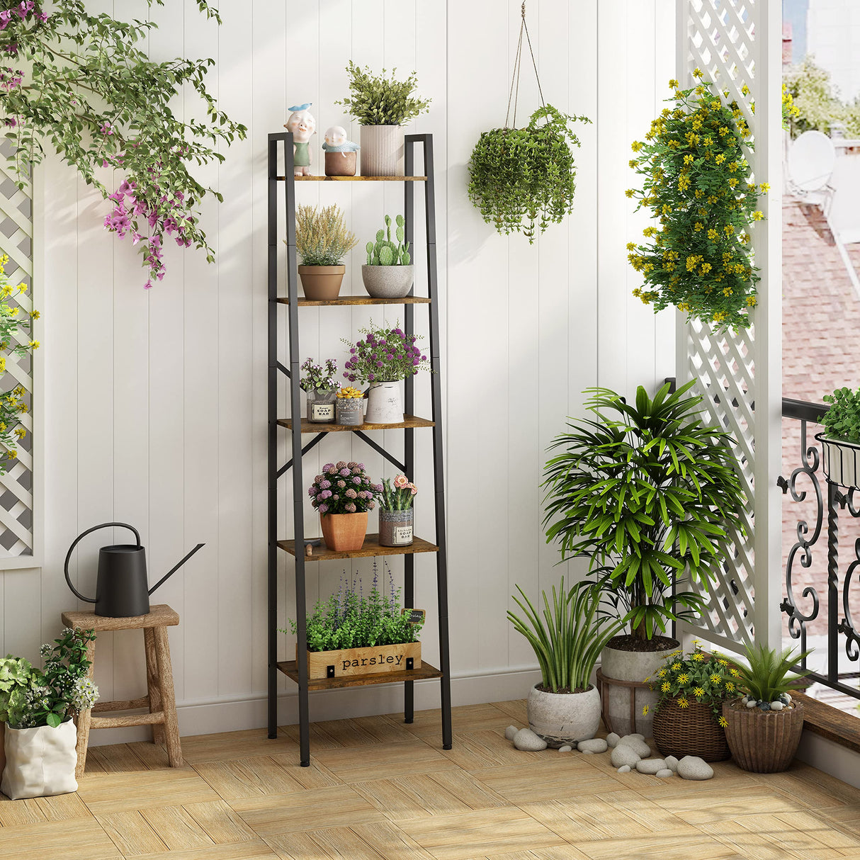 Industrial Ladder Bookshelf, Multifunctional Ladder Shelf