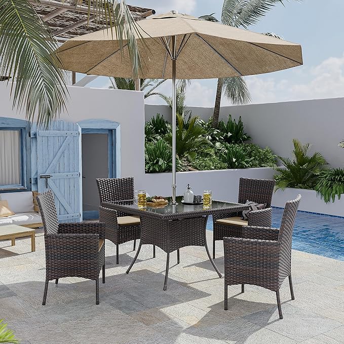 10-Piece Indoor/Outdoor Dining Table Set, Garden Patio Rattan Set with w/Tempered Glass Tabletop