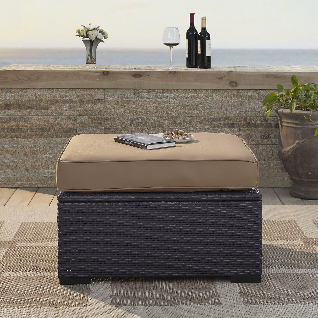Biscayne Wicker Outdoor Ottoman Foot Rest for Patio, Deck, Porch