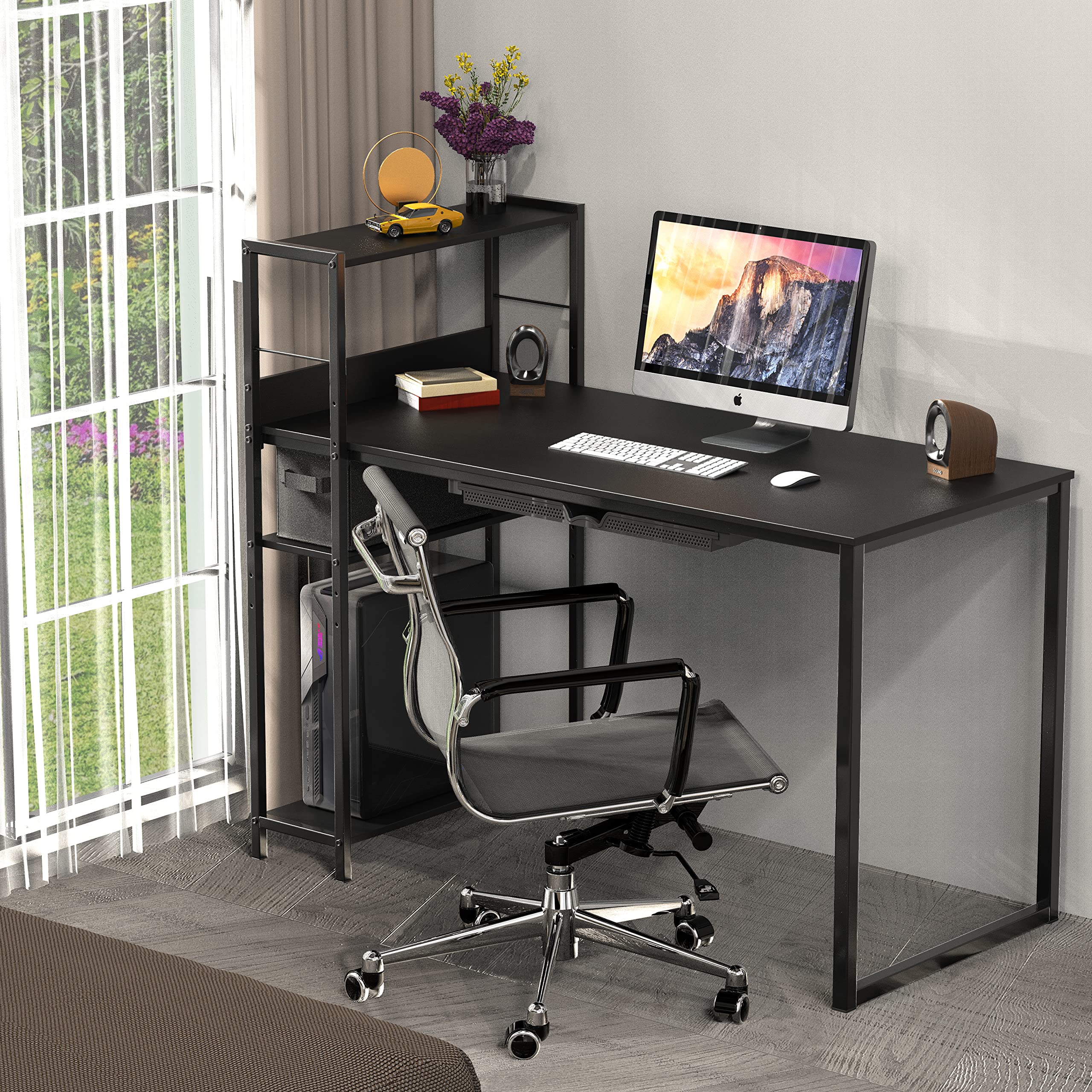 SHW 46-Inch Computer Desk with Adjustable Side Shelf and Drawer, 24" Deep, Black