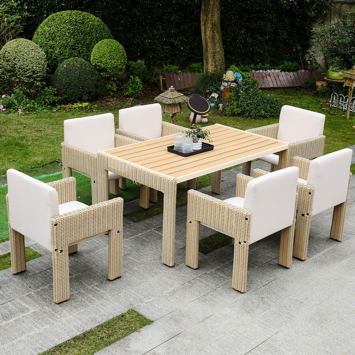 Wicker Outdoor Dining Set for 6, Upholstered 7 Piece Patio Dining Set with Armrests