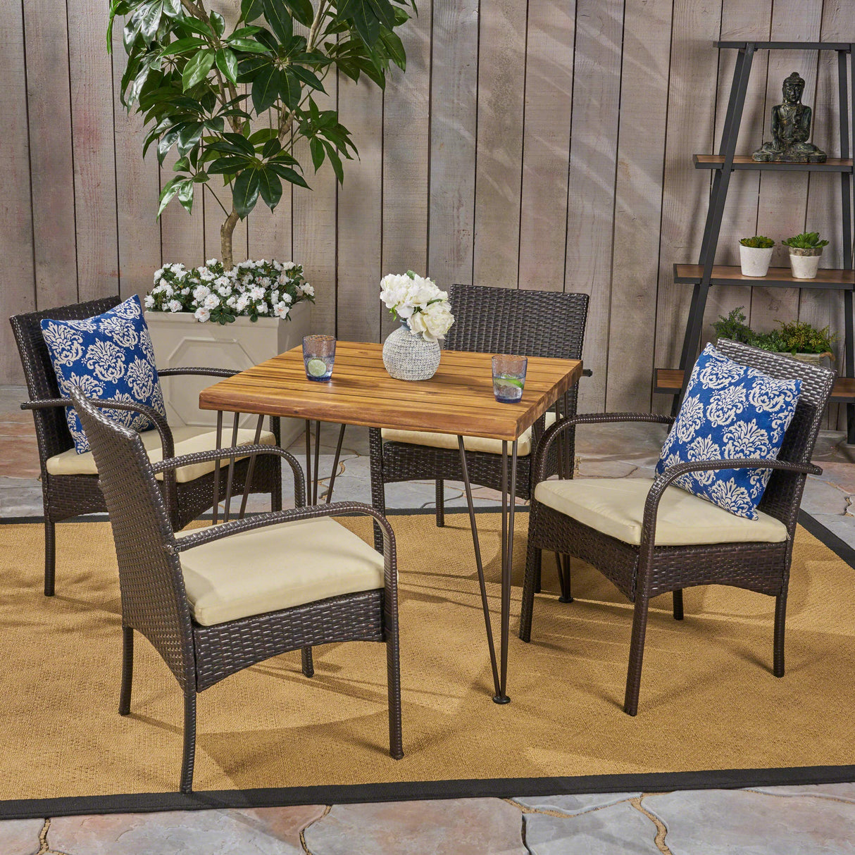 Clayton Outdoor Industrial Acacia Wood and Wicker and Iron 5 Piece Dining Set