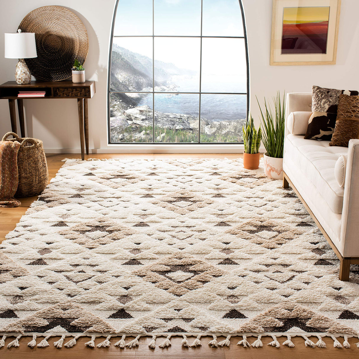 Moroccan Tassel Shag Collection Area Rug - 6'7" Square, Ivory & Brown