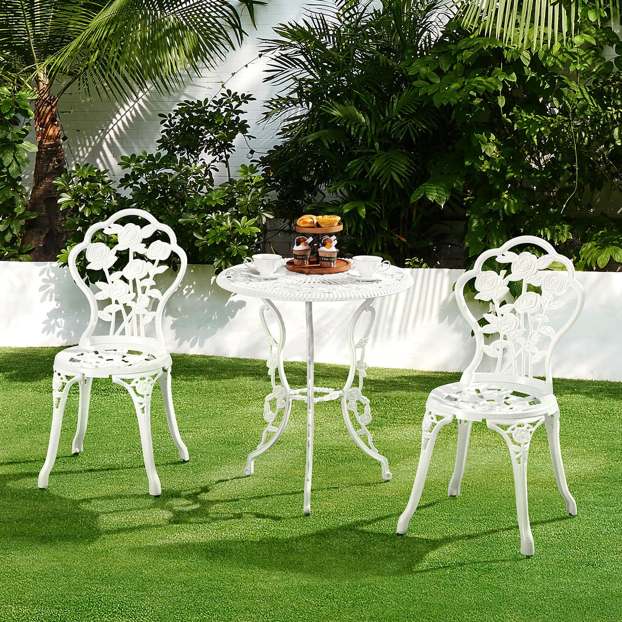 3-Piece Outdoor Bistro Set w/Rose Design, Rust-Resistant Cast Aluminum Table and Chairs