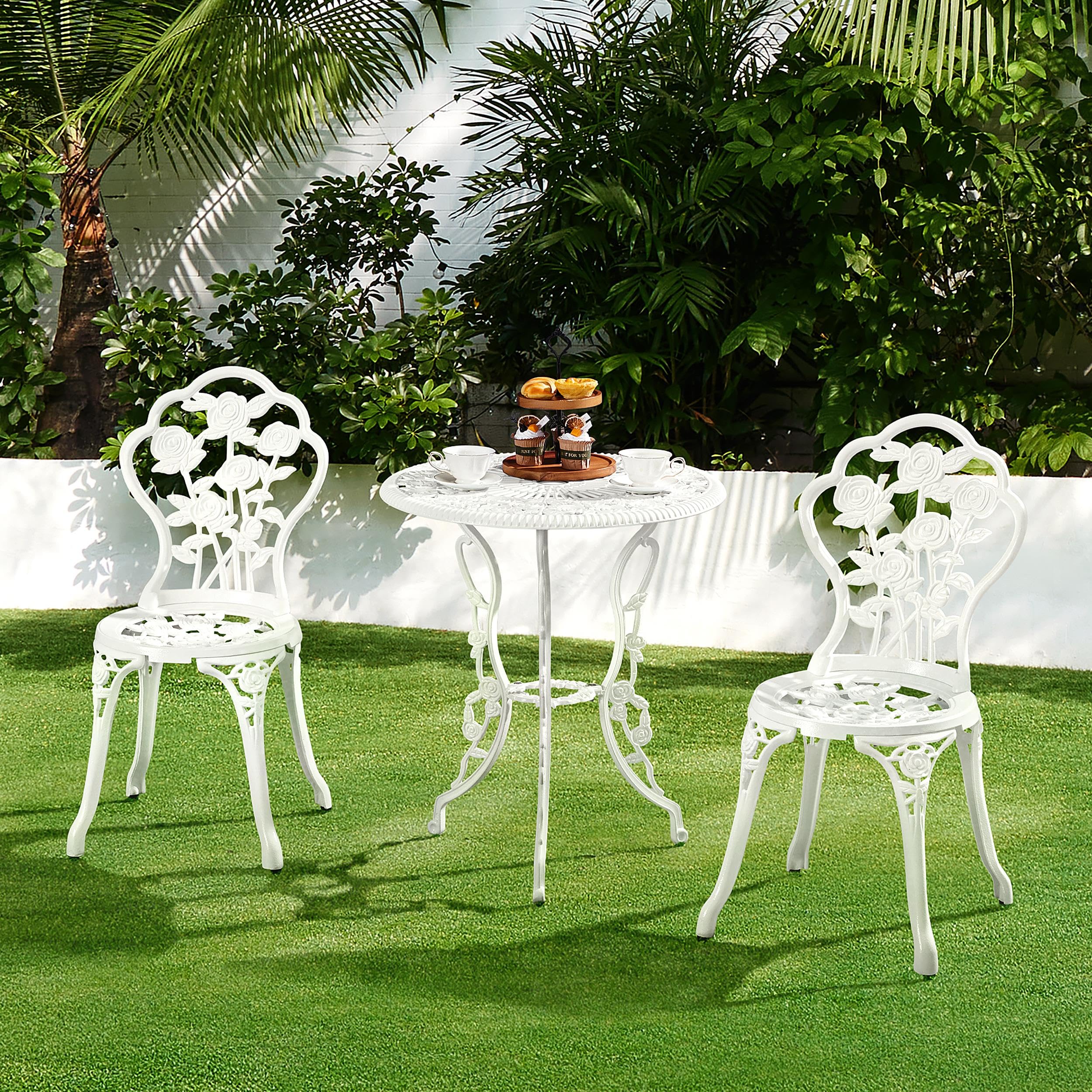 3-Piece Outdoor Bistro Set w/Rose Design, Rust-Resistant Cast Aluminum Table and Chairs