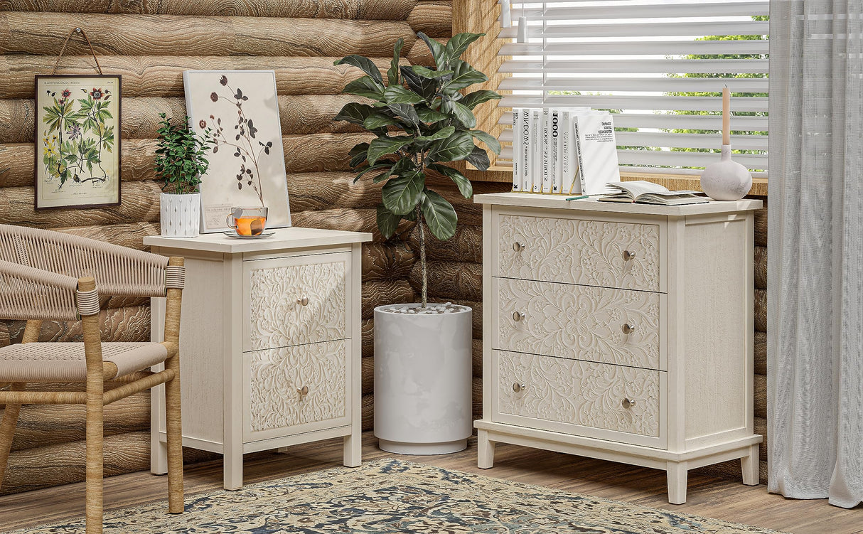 3-Drawer Fully-Assembled Flower Motif Dresser for French Country, Farmhouse, Modern