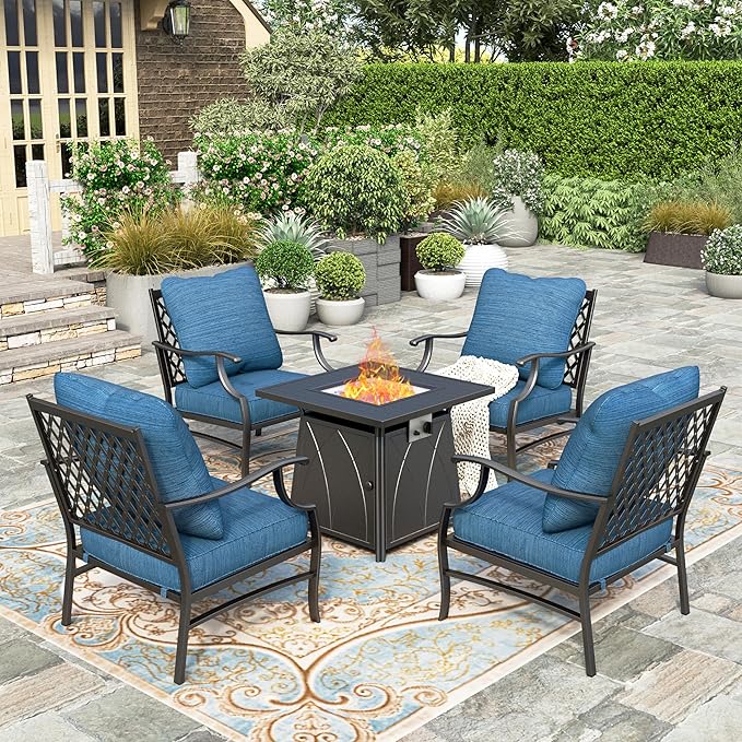 5 Pieces Fire Pit Patio Furniture Set, 4 x Thick Cushioned Swivel Chairs with 28" Fire Pit Table (50,000 BTU)