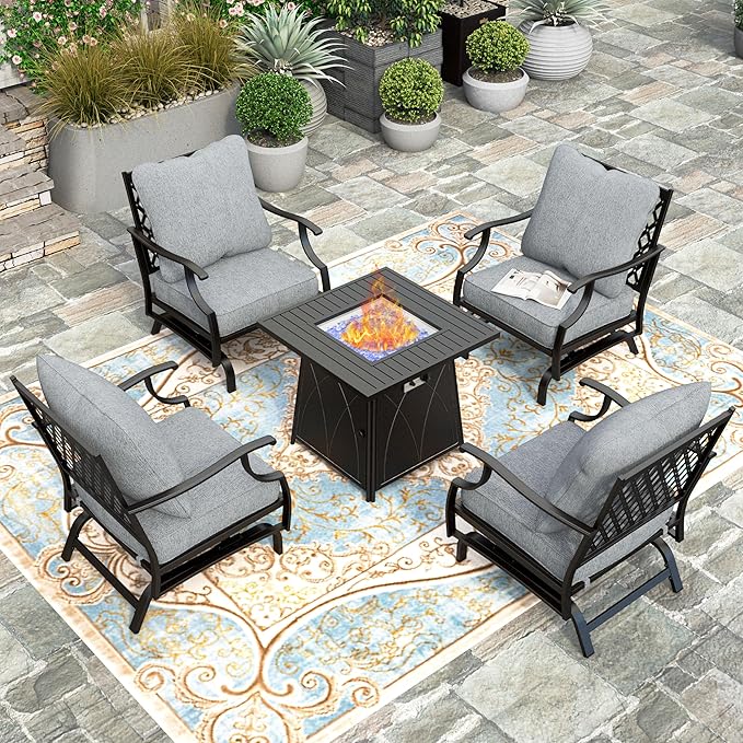 5 Pieces Fire Pit Patio Furniture Set, 4 x Thick Cushioned Swivel Chairs with 28" Fire Pit Table (50,000 BTU)