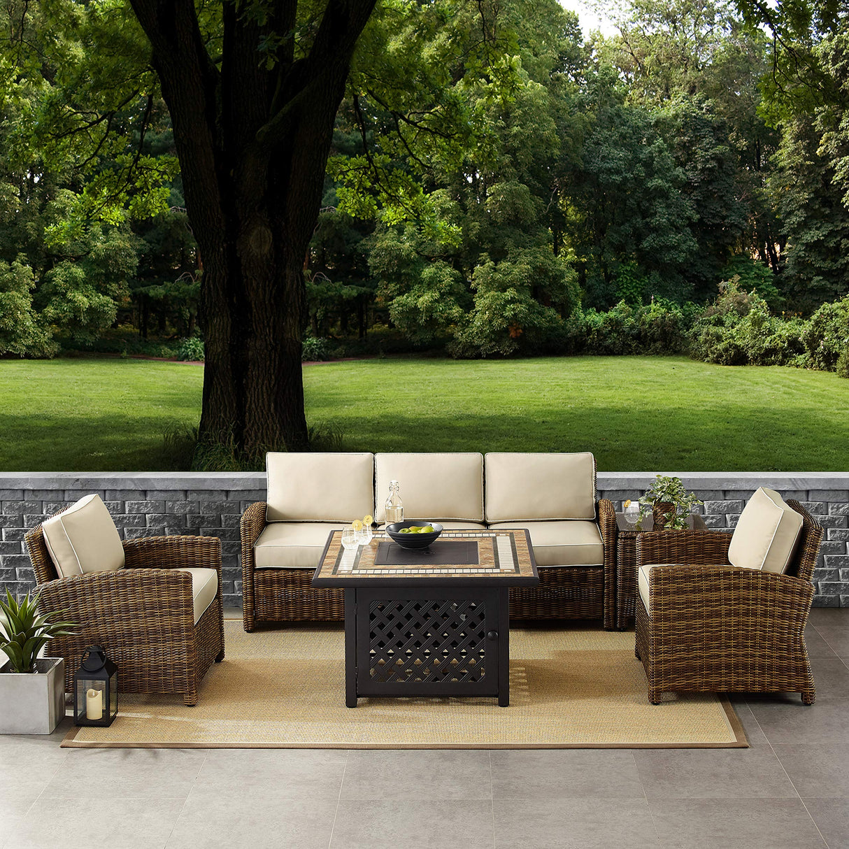 Bradenton 5-Piece Wicker Outdoor Sofa Patio Furniture Set with Propane Gas Fire Pit Table