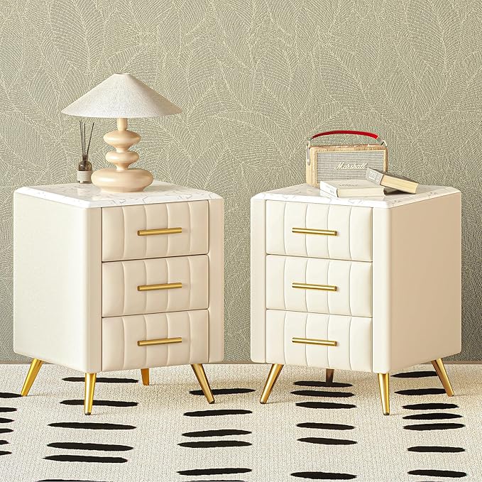 with 3 Storage Drawers, Upholstered Wood Bedside End Table