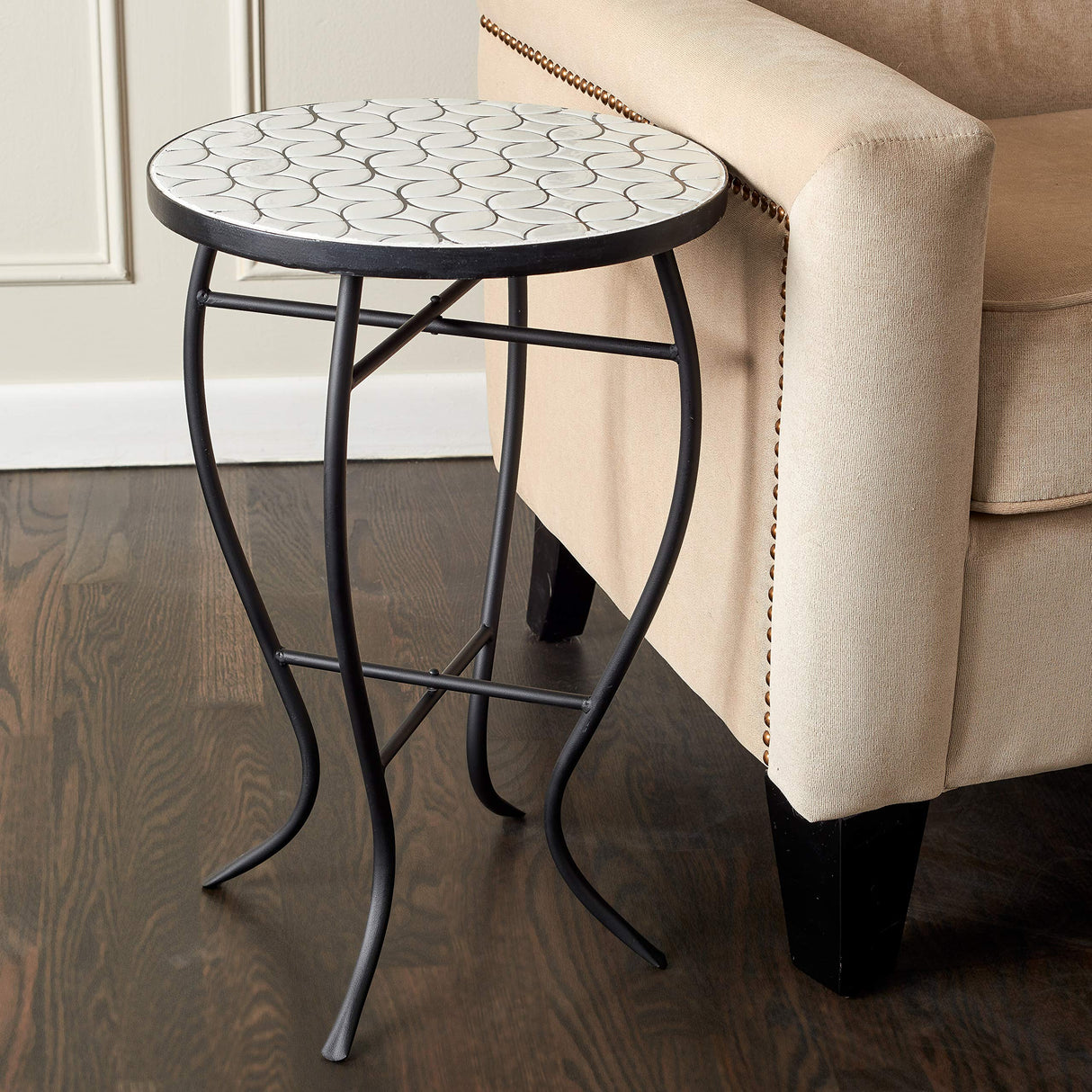 29-KY03WH Accent Side Table - Small, Colorful Mosaic Design, Rust-Resistant Steel Frame