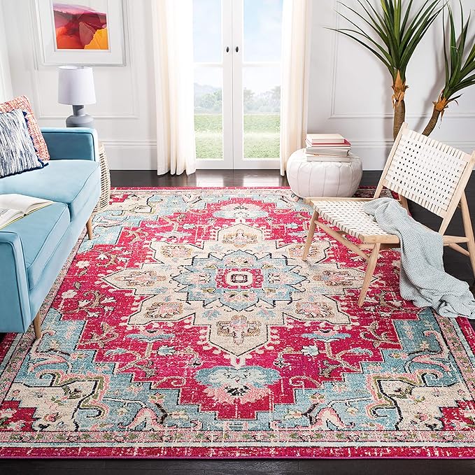 Madison Collection Area Rug - 8' x 10', Orange & Teal, Boho Chic Medallion Distressed