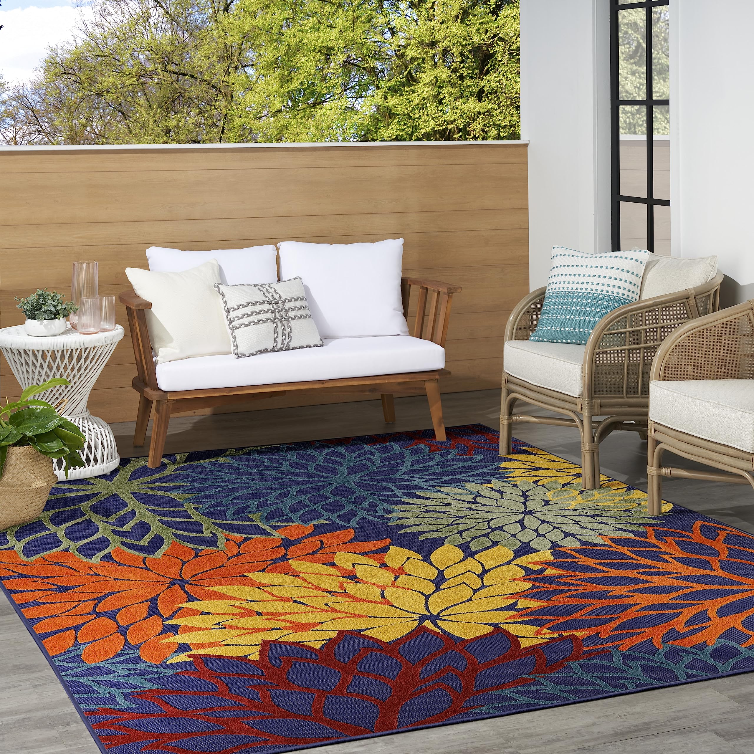 Aloha Indoor/Outdoor Modern Navy Multicolor 9' x 12' Area Rug, Easy Cleaning, Non