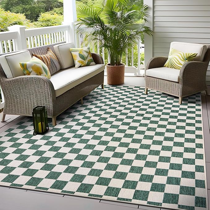 Contemporary Checkered Weather Resistant Reversible Indoor/Outdoor Area Rug 5' x 7' Natural