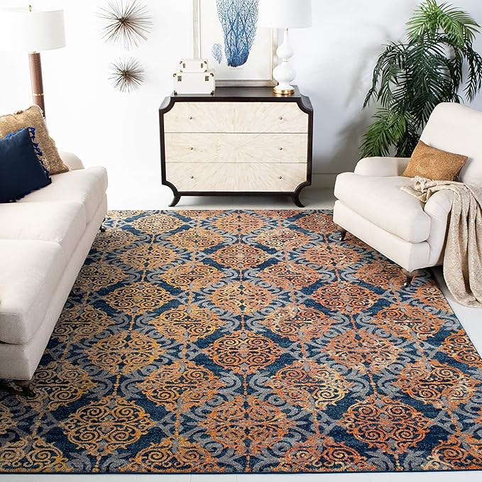 Evoke Collection 8' x 10' Royal / Light Blue EVK230A Medallion Damask Non-Shedding Living Room