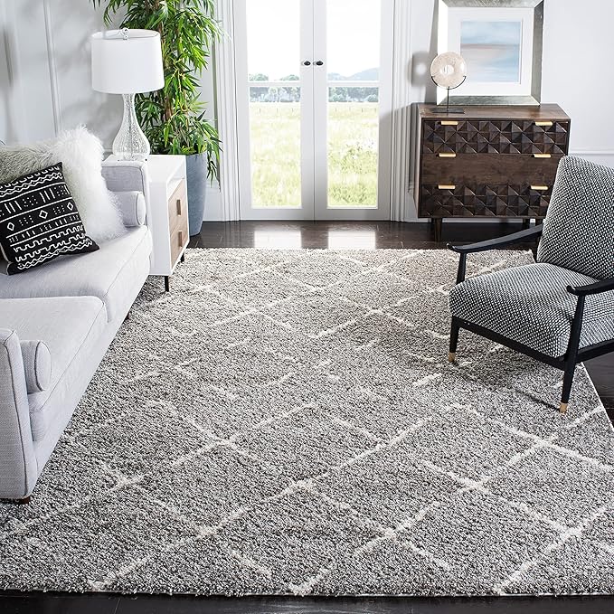 Arizona Shag Collection 6'7" Square Grey/Ivory ASG743D Moroccan Diamond Non-Shedding