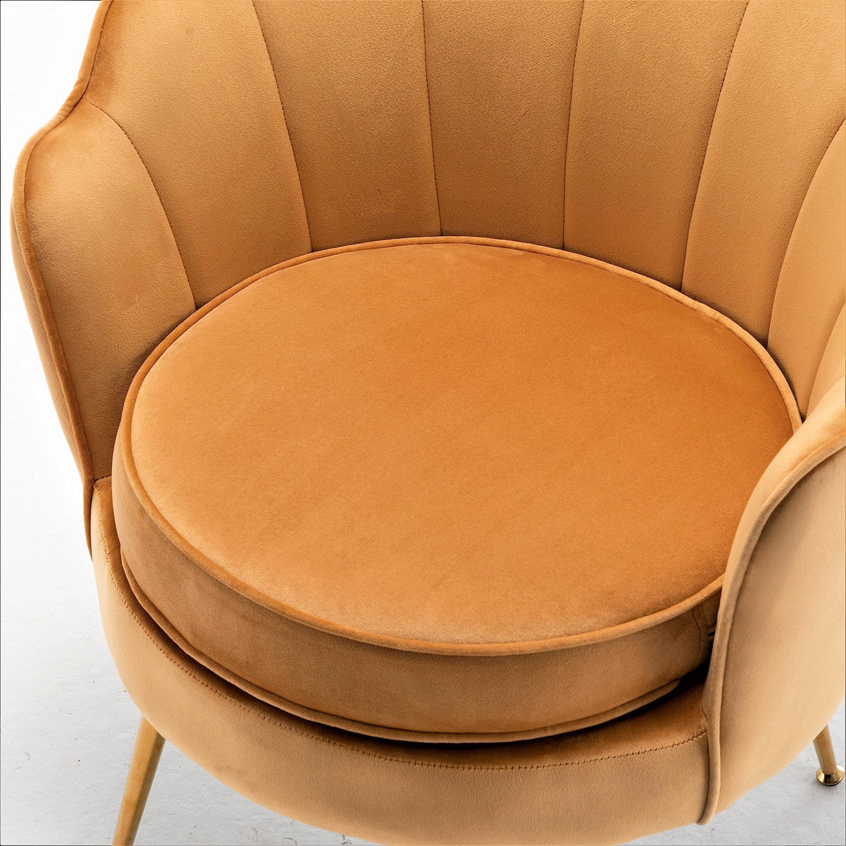 Velvet Barrel Accent Chair with Scalloped Silhouette and Gold Metal Legs, Decorative Piece Suitable for Traditional, Modern, and Contemporary Spaces, Mustard Yellow
