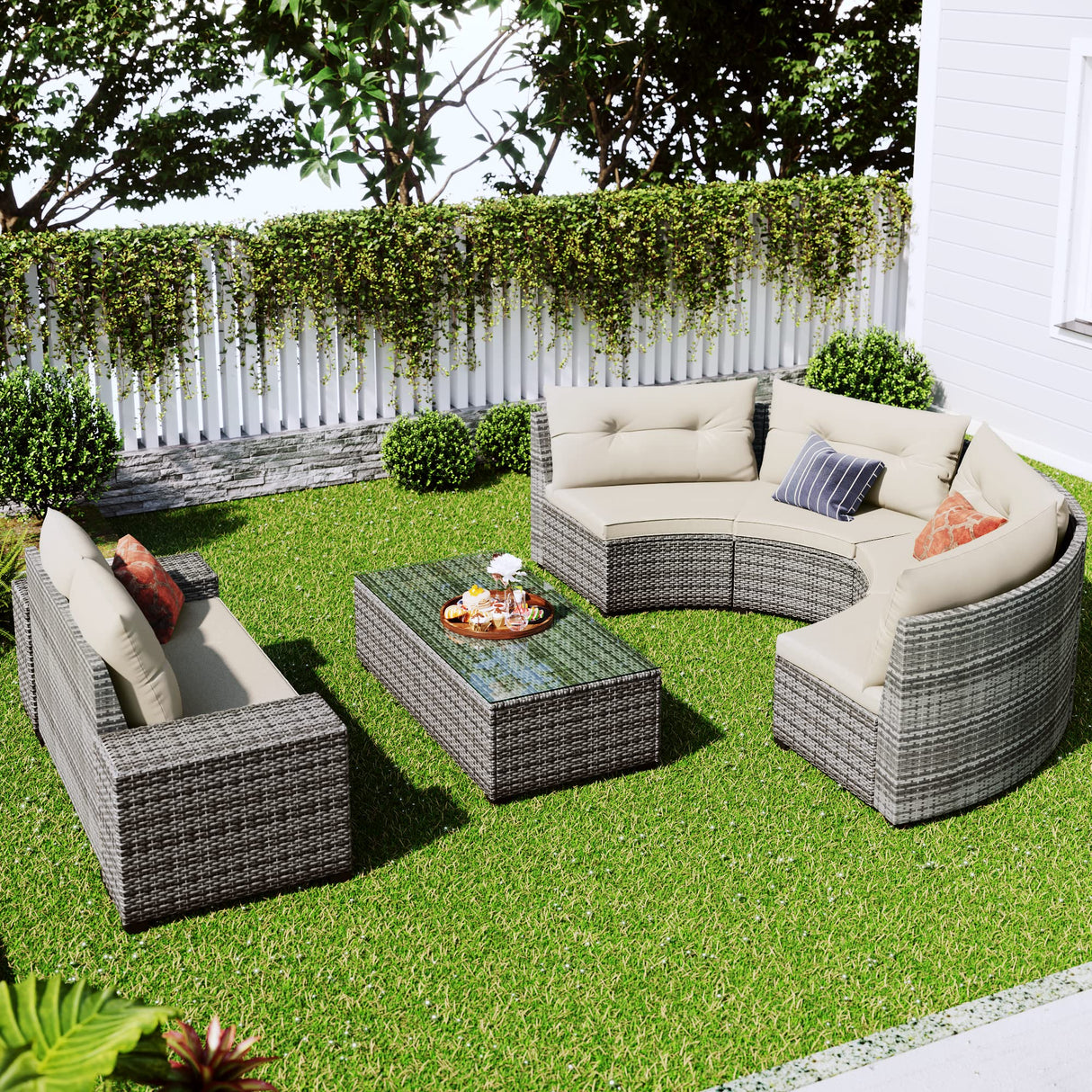 8-pieces Outdoor Wicker Round Sectional Curved Sofa Set with Rectangular Coffee Table