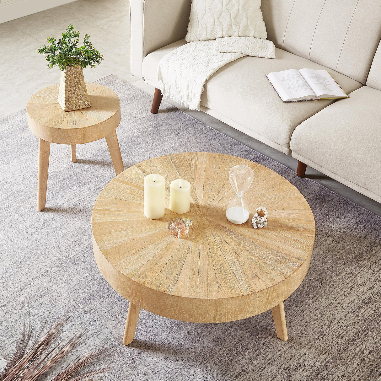 Round Wood Coffee Tables for Living Room, Farmhouse Circle Coffee Table