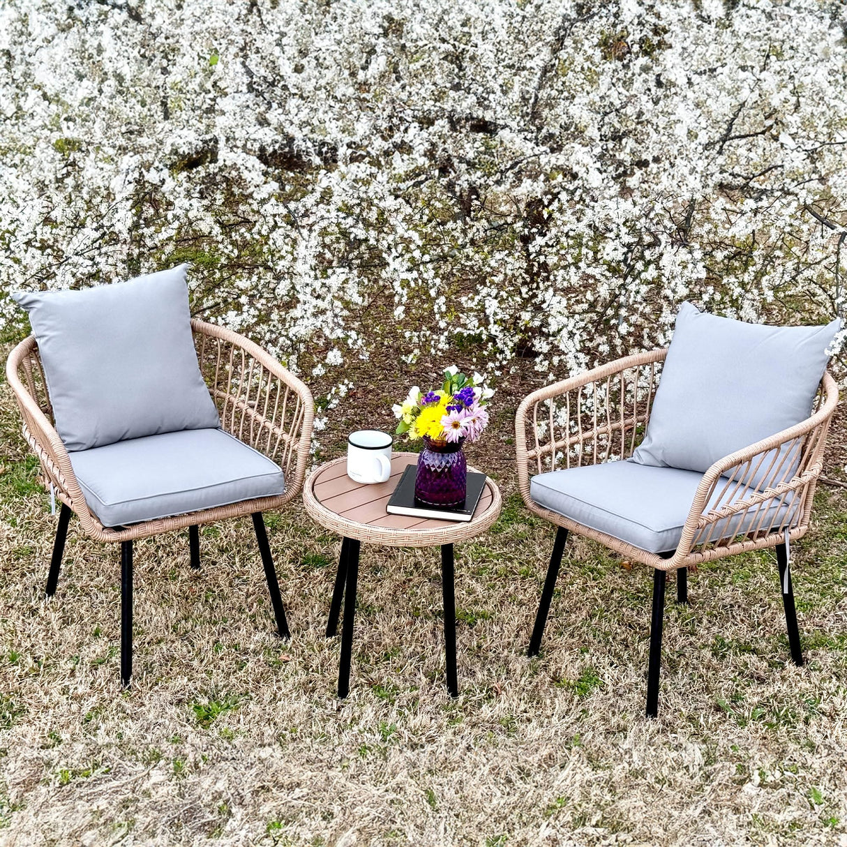 3 Pieces Outdoor Bistro Set, All-Weather Wicker Patio Furniture Set