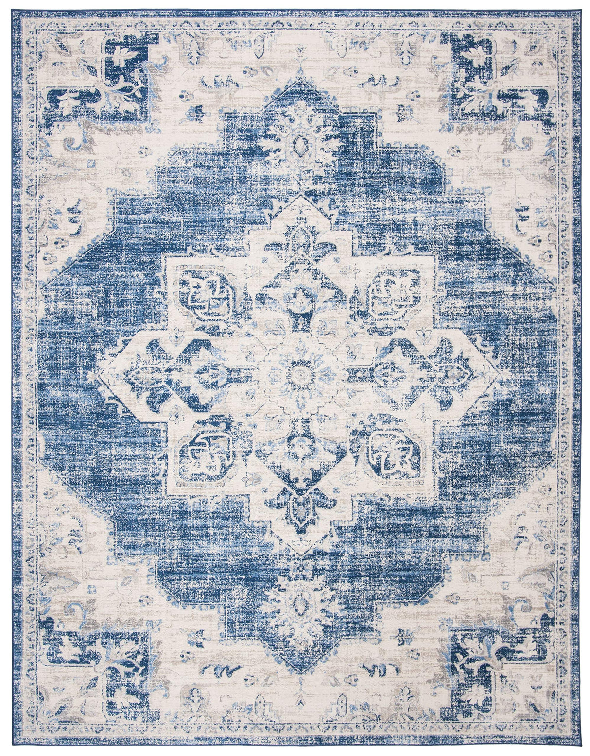 Brentwood Medallion Area Rug 9' x 12' - Ivory & Navy Distressed Design