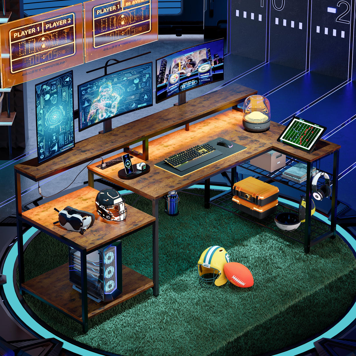 71.5 inch Computer Desk with Power Outlets, LED Large Home Office Desk with Monitor Stand