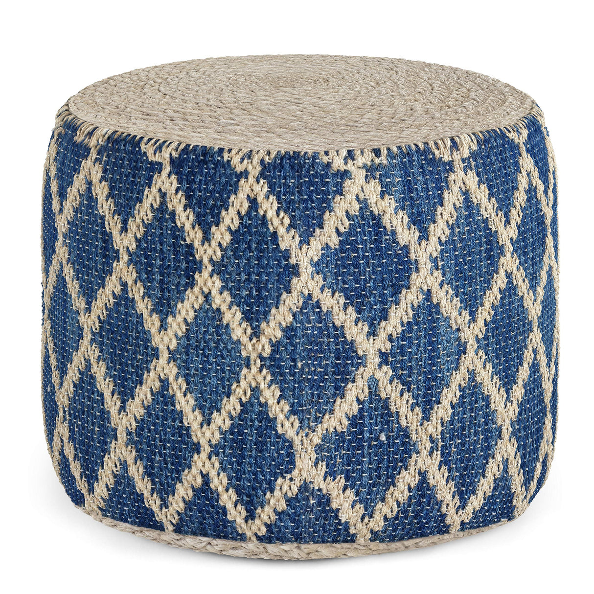 Edgeley Boho Round Pouf in Classic Blue, Natural Woven Braided Jute for the Living Room, Bedroom and Kids Room