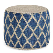 Edgeley Boho Round Pouf in Classic Blue, Natural Woven Braided Jute for the Living Room, Bedroom and Kids Room
