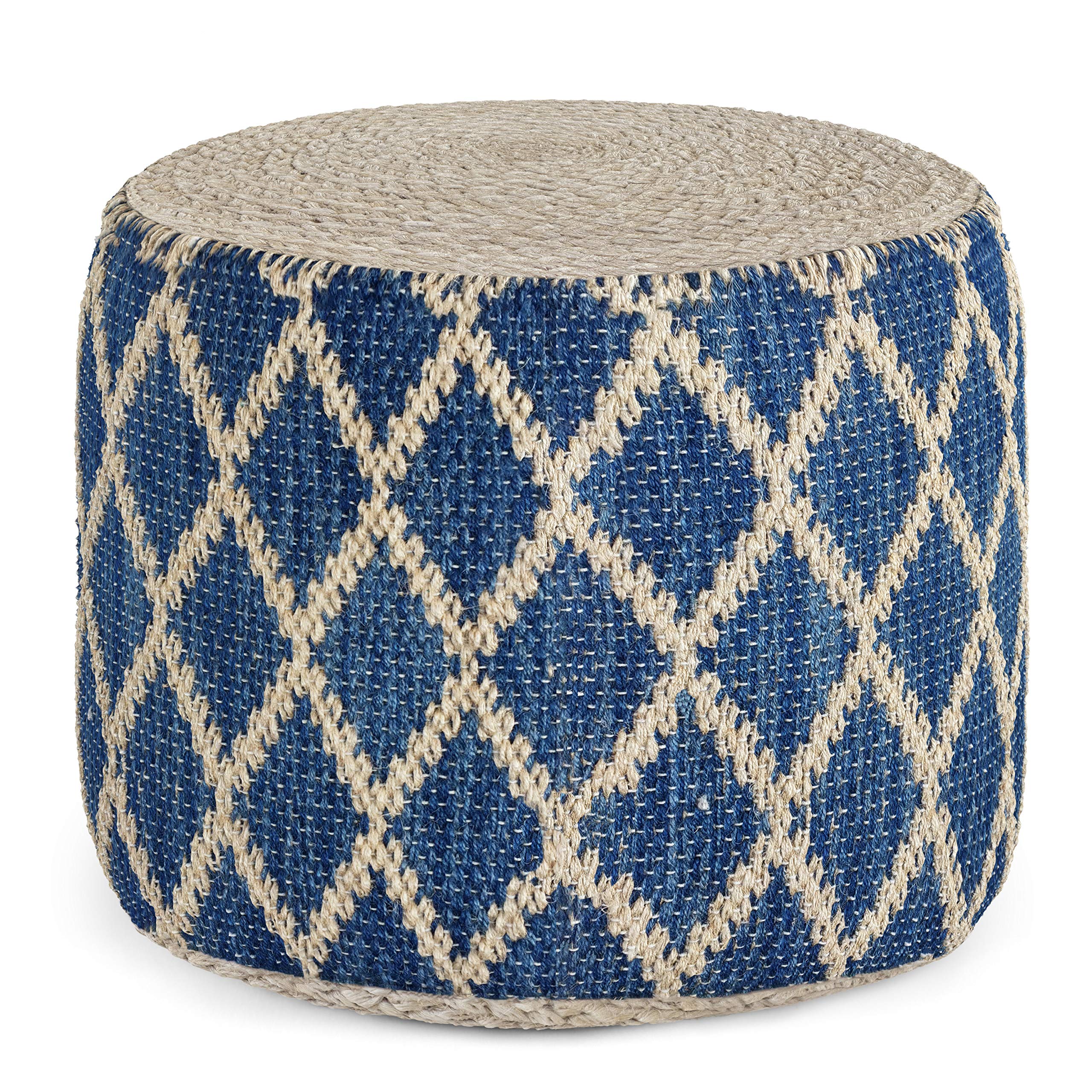 Edgeley Boho Round Pouf in Classic Blue, Natural Woven Braided Jute for the Living Room, Bedroom and Kids Room
