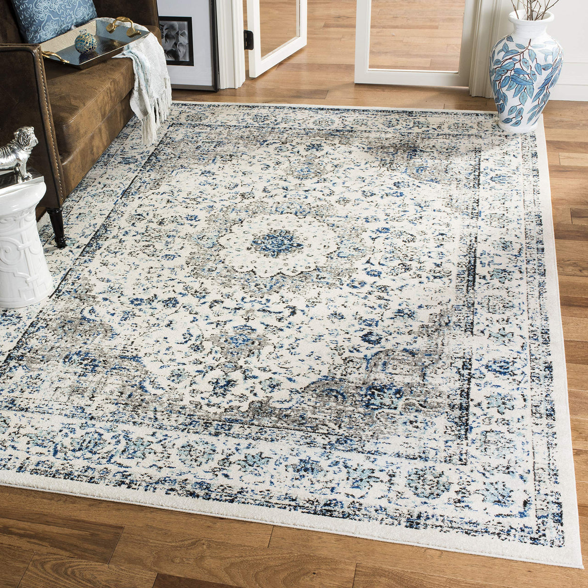 Evoke Collection Area Rug - 6'7" x 9', Ivory & Grey, Shabby Chic Oriental Medallion Design