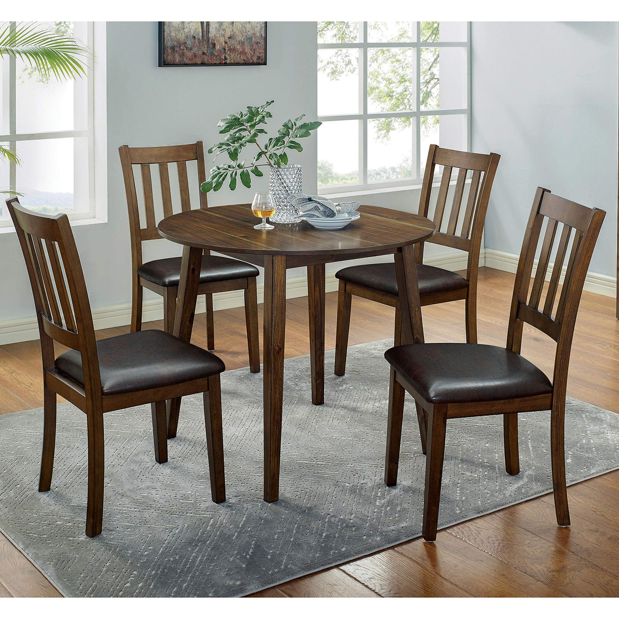 Round Dining Table Set, Walnut and Dark Brown