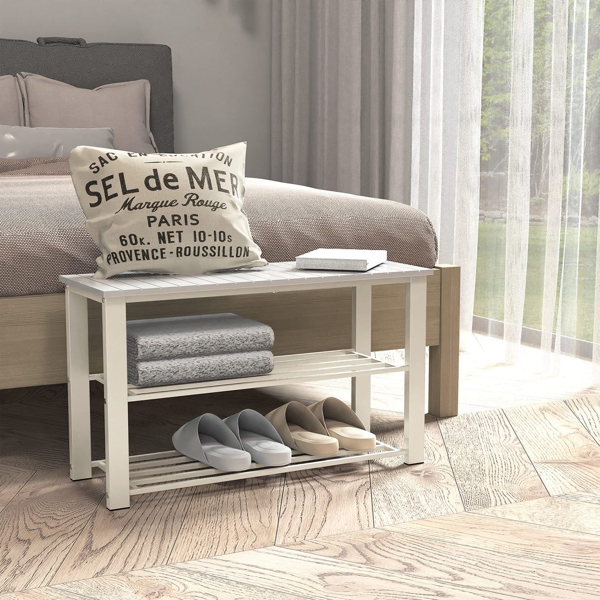 Wood Top Shoe Storage Bench for Entryway, White