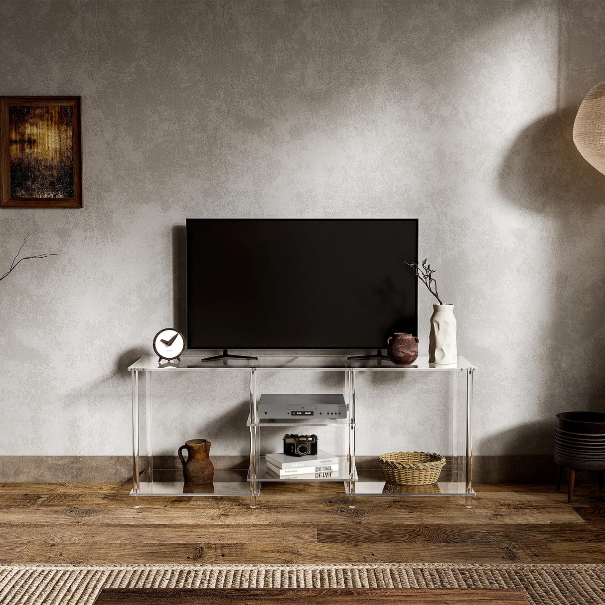 Acrylic 55-inch TV stand with 3-tier clear storage shelves
