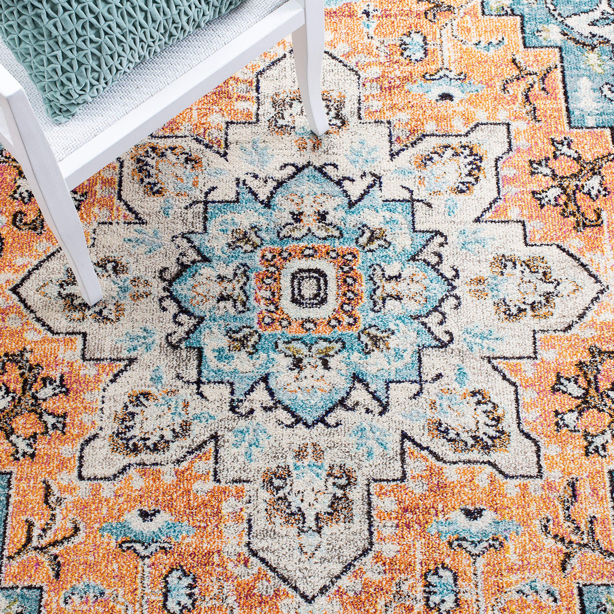 Madison Collection Area Rug - 8' x 10', Orange & Teal, Boho Chic Medallion Distressed