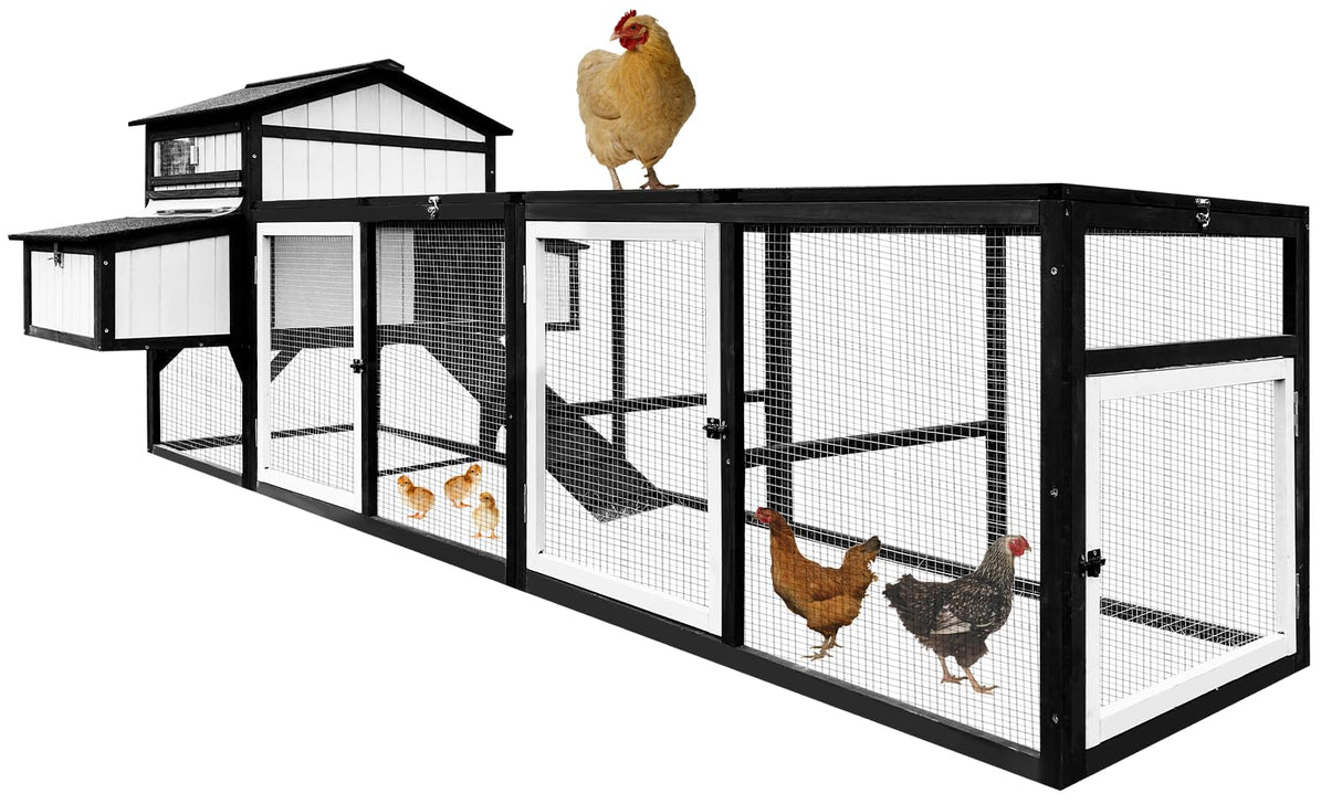 Backyard poultry house with pull-out tray and wire mesh fencing