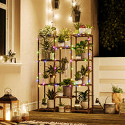 Bamworld 10-Pot Indoor Plant Stand with Fairy Lights – Wooden Shelf