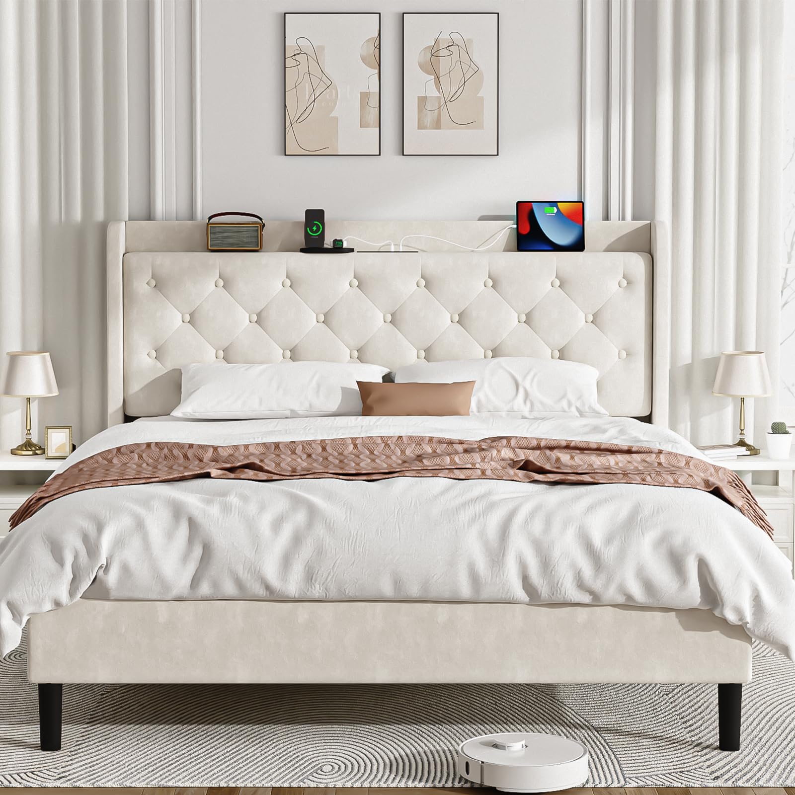 Bayxinta Beige Upholstered Queen Bed Frame with Touch Light and USB