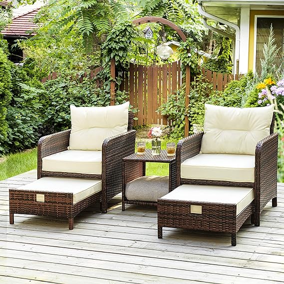 5 Pieces Outdoor Patio Wicker Chairs Set with Ottoman