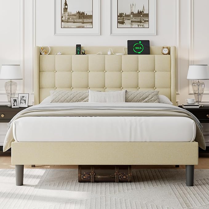 Queen Bed Frame with Button Tufted Headboard, Upholstered Platform Bed