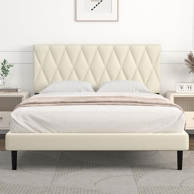 Queen Bed Frame Upholstered Platform with Headboard