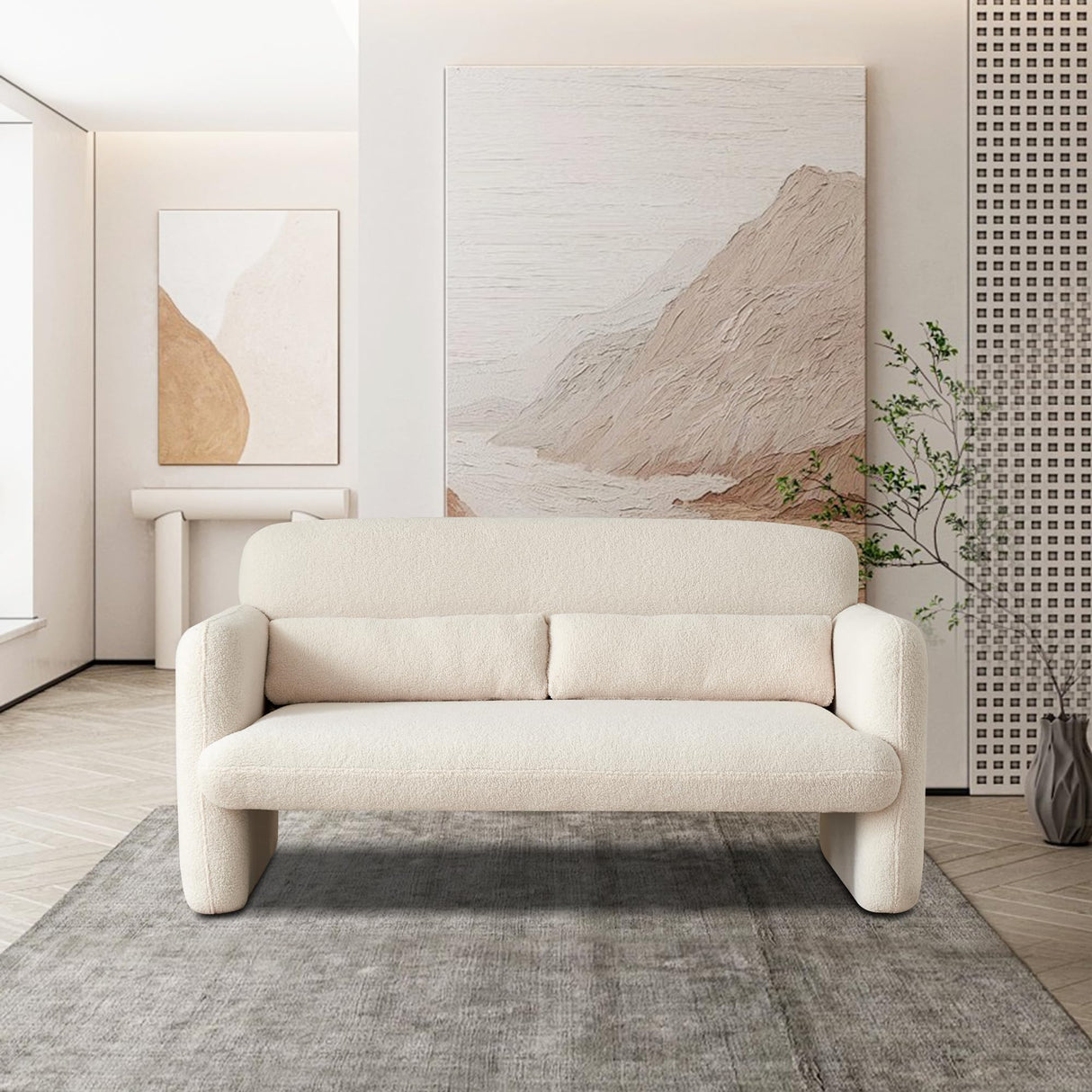 Beige Sherpa Loveseat Sofa – 2-Seater, Cozy & Modern