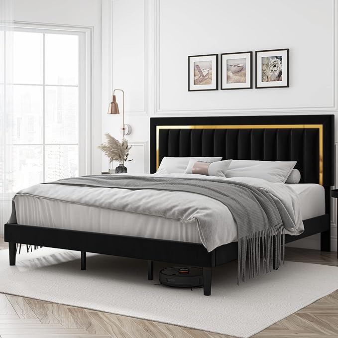 King Size Bed Frame with Adjustable Tufted Headboard, Velvet Upholstered Platform Bed