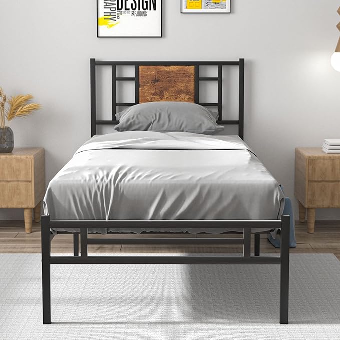 Twin Size Bed Frame with Headboard, Heavy-Duty Platform with Steel Slats Support
