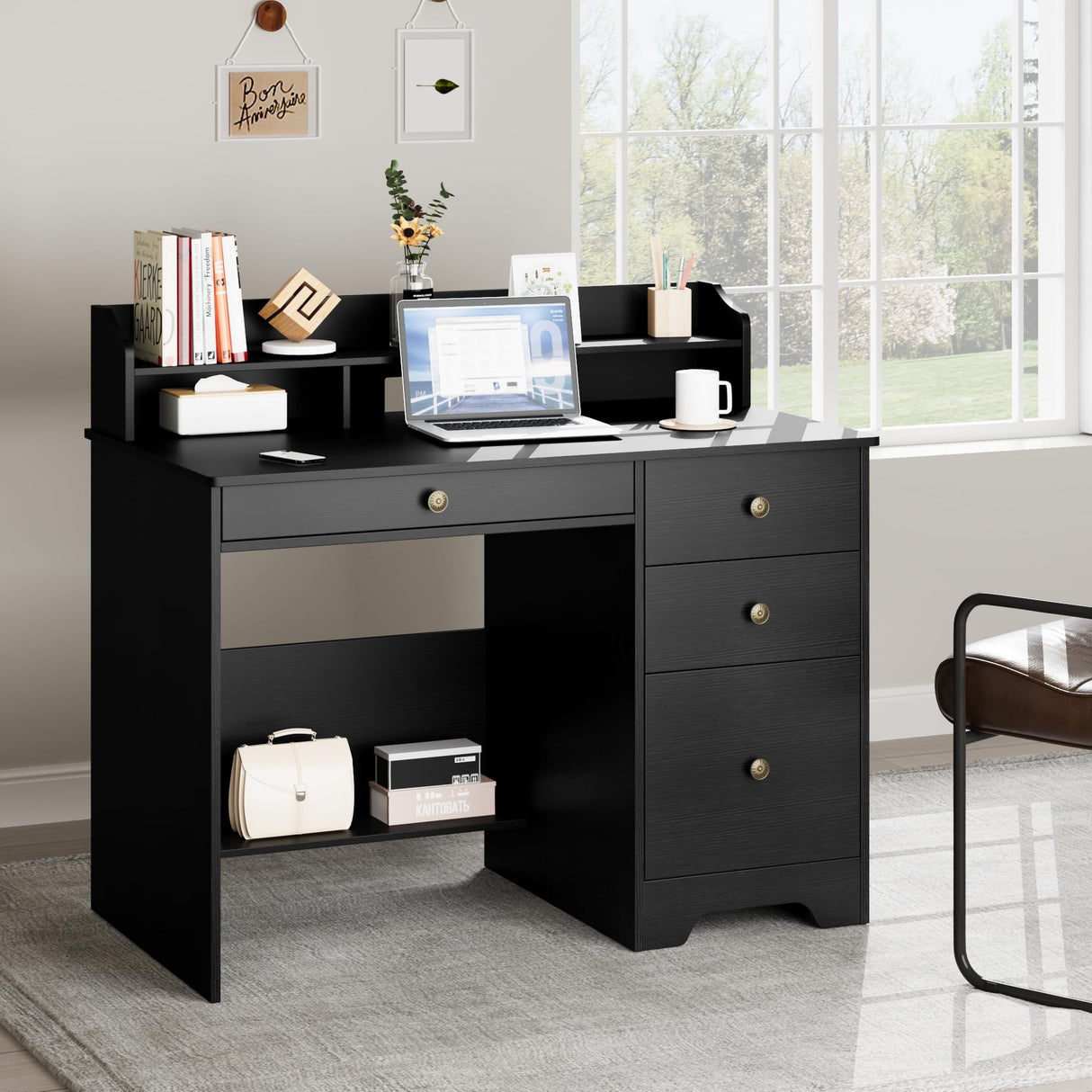 Black Office Desk with 4 Drawers & File Cabinet