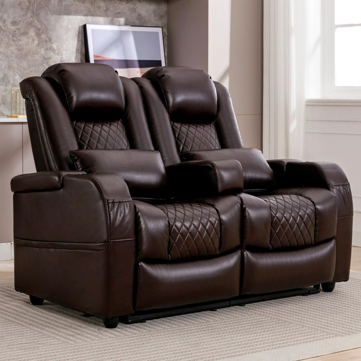 Black RV double recliner loveseat with tufted back and pillows