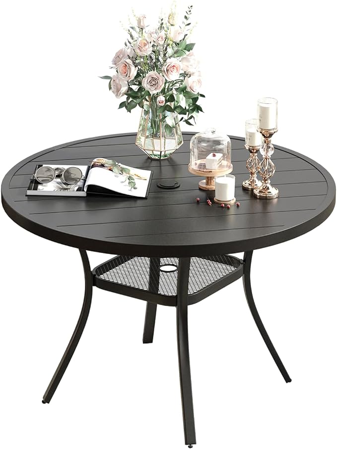 Metal Patio Dining Table for 4, 42" Walnut Wood-Like Outdoor Round Table