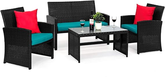 4-Piece Outdoor Wicker Patio Conversation Furniture Set for Backyard w/Coffee Table