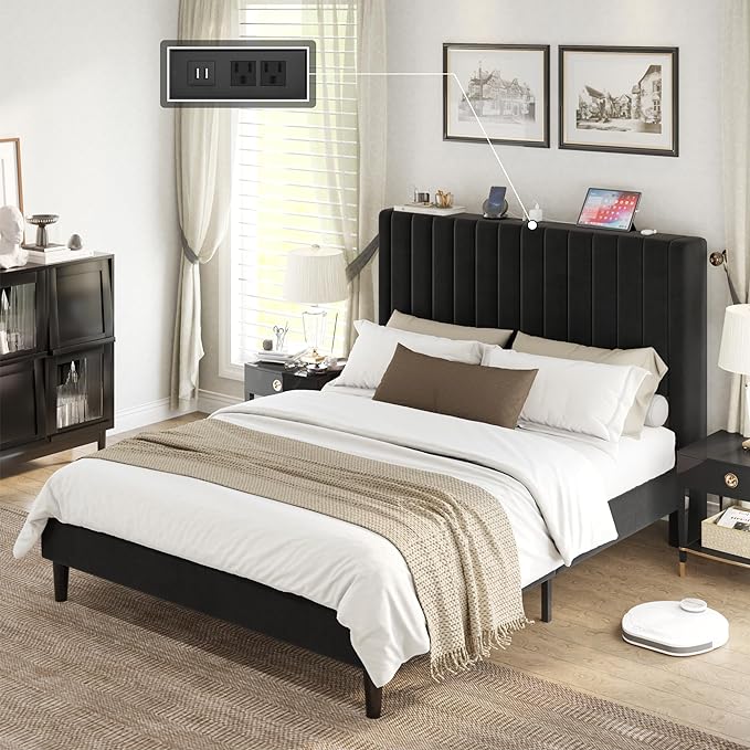 Queen Size Bed Frame, Velvet Upholstered Platform Bed